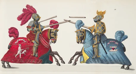 Kaksi ritaria turnauksessa, lautanen tohtori Franz Kottenkampin kirjasta "A History of the Development and Customs of Chivalry", julkaisija Carl Hoffmann, 1842