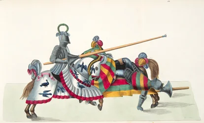 Kaksi ritaria turnauksessa, lautanen tohtori Franz Kottenkampin kirjasta "A History of the Development and Customs of Chivalry", julkaisija Carl Hoffmann, 1842