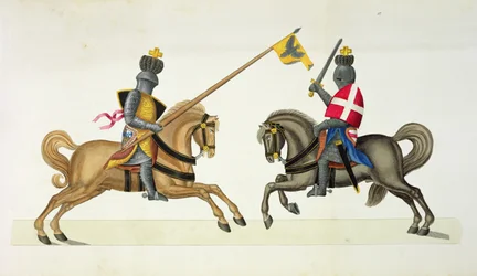 Kaksi ritaria turnauksessa, lautanen tohtori Franz Kottenkampin kirjasta "A History of the Development and Customs of Chivalry", julkaisija Carl Hoffmann, 1842
