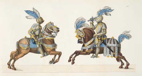 Kaksi ritaria turnajaisissa, kuva teoksesta "A History of the Development and Customs of Chivalry", kirjoittanut tohtori Franz Kottenkamp, Carl Hoffmannin kustantama, 1842.