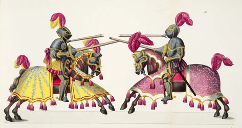 Kaksi ritaria turnauksessa, lautanen tohtori Franz Kottenkampin kirjasta "A History of the Development and Customs of Chivalry", julkaisija Carl Hoffmann, 1842