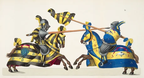 Kaksi ritaria turnajaisissa, kuva teoksesta "A History of the Development and Customs of Chivalry", kirjoittanut tohtori Franz Kottenkamp, Carl Hoffmannin kustantama, 1842.