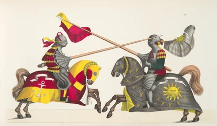 Kaksi ritaria turnauksessa, lautanen tohtori Franz Kottenkampin kirjasta "A History of the Development and Customs of Chivalry", julkaisija Carl Hoffmann, 1842