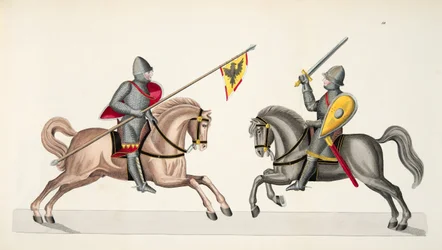 Kaksi ritaria turnauksessa, lautanen tohtori Franz Kottenkampin kirjasta "A History of the Development and Customs of Chivalry", julkaisija Carl Hoffmann, 1842