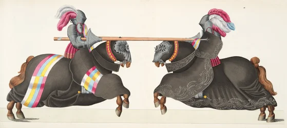 Kaksi ritaria turnauksessa, lautanen tohtori Franz Kottenkampin kirjasta "A History of the Development and Customs of Chivalry", julkaisija Carl Hoffmann, 1842