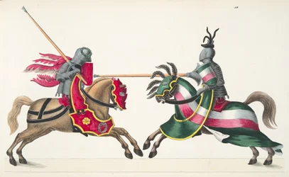 Kaksi ritaria turnajaisissa, kuva teoksesta "A History of the Development and Customs of Chivalry", kirjoittanut tohtori Franz Kottenkamp, Carl Hoffmannin kustantama, 1842.