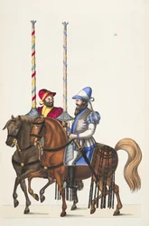 Kaksi ratsastajaa turnauksessa, levy julkaisusta "A History of the Development and Customs of Chivalry", kirjoittanut tohtori Franz Kottenkamp, julkaissut Carl Hoffmann, 1842