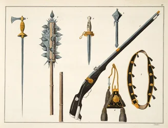 Aseet, mukaan lukien musketti, n. 1400, levy julkaisusta "A History of the Development and Customs of Chivalry", kirjoittanut tohtori Franz Kottenkamp, julkaissut Carl Hoffmann, 1842