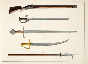 Aseet, mukaan lukien miekat ja keihäät, n. 1400, levy julkaisusta A History of the Development and Customs of Chivalry, kirjoittanut tohtori Franz Kottenkamp, julkaissut Carl Hoffmann, 1842