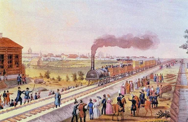 Ensimmäisen junan saapuminen Pietarista Tsarskoje Seloon 30. lokakuuta 1837