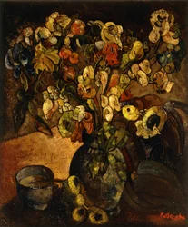 Asetelma kukilla ja kulholla; Luonto Morte avec Fleurs et Bol - asetelma kukkien ja kupin kanssa, n. 1914 (öljy kankaalle)