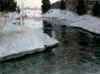 Jään sulaminen: Lysakerin joki. Fritz Thaulowin (1847-1906) maalaus. Pastelli kankaalle. Yksityiskokoelma.