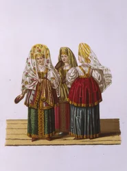 Naisten ja tyttöjen puvut Tveristä Sarjasta Venäjän valtion vaatteet, 1851