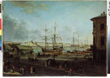 Näkymä Englannin pengerrykseen Vasilievsky-saarelta, Pietarista (Näkymä Englannin pengerrykseen Vasilievsky-saarelta). Fjodor Jakovlevich Aleksejevin (1753-1824) maalaus. Öljy kankaalle, 53 x 72,5 cm