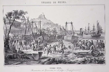 Tykkiveneiden kokoaminen uudelleen Tche-Foun rannalla elokuvasta "The War in China"