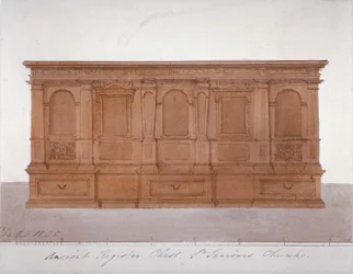 Muinainen rekisteriarkku Southwarkin katedraalista Lontoosta, 1825