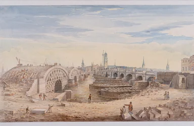 London Bridge vanha ja uusi, Lontoo, 1828