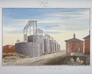 Näkymä Pocock Streetin kaasulaitoksesta, Southwark, Lontoo, 1826