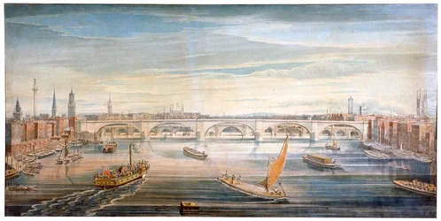 Näkymä uudelle London Bridgelle lännestä, veneillä ja proomuilla Thamesilla, 1831.