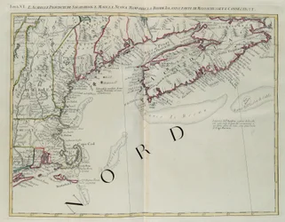 Acadia, Sagadahocin ja Mainen maakunnat, New Hampshire, Rhode Island ja osa Massachusettsia ja Connecticutista, G. Zulianin kaiverrus otettu Tome I:stä Venetsiassa vuonna 1778 julkaistusta Antonio Zattasta, yksityinen kokoelma.