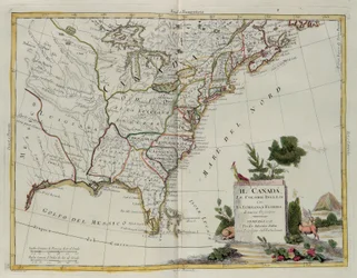 Kanada, Englannin siirtokunnat Louisianan ja Floridan kanssa, G. Zulianin kaiverrus otettu Antonio Zattan Venetsiassa vuonna 1778 julkaistun uusimman atlasin Tome I:stä, yksityinen kokoelma