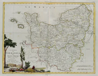 Normandien, Mainen ja Perchen hallintoa, G. Zulianin kaiverrus otettu uusimman atlasin Tome I:stä, joka julkaistiin Venetsiassa vuonna 1777, Antonio Zatta, yksityinen kokoelma