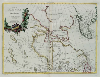 Hudson Bay, Labradorin osavaltio ja Grönlanti viereisten saarten kanssa, G. Zulianin kaiverrus Tome I:stä Venetsiassa vuonna 1778 julkaistusta "Uusimasta atlasesta", Antonio Zatta, yksityinen kokoelma