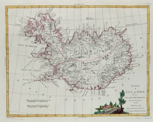 Piireihinsä jaettu Islanti, G. Zulianin kaiverrus, joka on otettu Antonio Zattan Venetsiassa vuonna 1781 julkaiseman "Uusimman atlasin" Tome III:sta, yksityiskokoelma