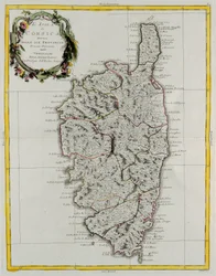 Provinsseihinsa jaettu Korsikan saari, G. Zulianin kaiverrus Tome II:sta Venetsiassa vuonna 1782 julkaistusta Antonio Zattan yksityiskokoelmasta "Uusimman atlas"