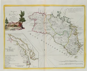 Minorcan saari ja suunnitelma satamasta ja Mahonin kaupungista ja sen linnoituksista, G. Zulianin kaiverrus Tome I:stä Venetsiassa vuonna 1778 julkaistusta Antonio Zattan "Uusimasta atlasesta", yksityiskokoelma