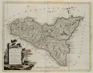 Sisilian saari, jaettu laaksoihinsa, G. Zulianin kaiverrus, joka on otettu Antonio Zattan Venetsiassa vuonna 1782 julkaisemasta uusimman atlasin Tome II:sta, yksityinen kokoelma