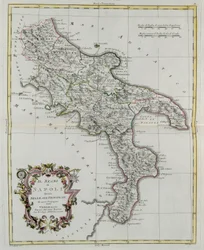 Napolin kuningaskunta jaettu provinsseihinsa, G. Zulianin kaiverrus Tome II:sta Venetsiassa vuonna 1781 julkaistusta Antonio Zattan "Uusimasta atlasesta", yksityiskokoelma