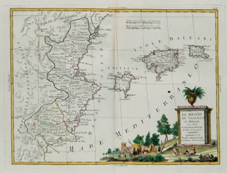 Valencian ja Murcian kuningaskunnat Baleari- ja Pitiusesaarten kanssa, G. Zulianin kaiverrus otettu Antonio Zattan Venetsiassa vuonna 1775 julkaistun uusimman atlasin Tome I:stä, yksityinen kokoelma