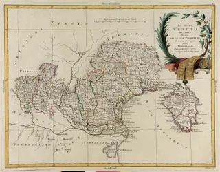 Veneton osavaltion maa-alue, jaettu sen provinsseihin, G. Zulianin kaiverrus otettu Tome II:sta Venetsiassa vuonna 1782 julkaistusta Antonio Zattan "uusimmista atlasista", yksityinen kokoelma