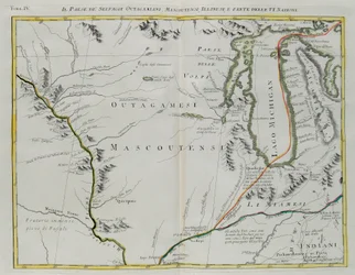 Outagamie-, Mascoutin- ja Illinois-intiaanien maa sekä osa Kuuden kansakunnan alueesta, G. Zulianin kaiverrus Antonio Zattan Venetsiassa vuonna 1778 julkaiseman "Uusimman kartaston" I osasta, yksityiskokoelma