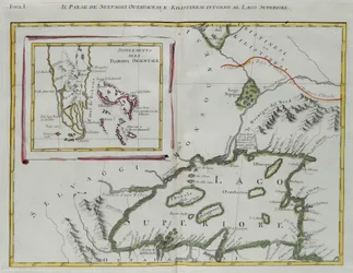 Ottawan ja Kilistiinien intiaanien maa Superior-järven ympärillä ja Itä-Floridan lisäys, G. Zulianin kaiverrus Tome I:stä Venetsiassa vuonna 1778 julkaistusta "Uusimasta atlasesta", Antonio Zatta, yksityinen kokoelma