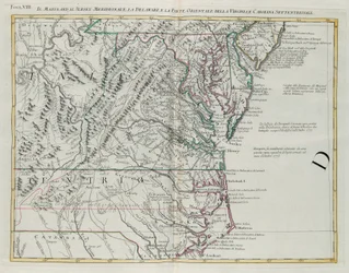 Maryland, Etelä-New Jersey, Delaware ja Virginian ja Pohjois-Carolinan itäosa, G. Zulianin kaiverrus otettu Tome I:stä Venetsiassa vuonna 1778 julkaistusta Antonio Zattan "uusimmista atlasista", yksityinen kokoelma