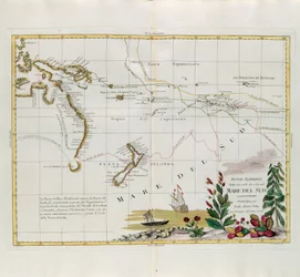 Uudet löydöt, jotka tehtiin vuosina 1775, 67 ja 69 Etelämerellä, G. Zulianin kaiverrus, joka on otettu Venetsiassa vuonna 1776 julkaistun uusimman atlasin Tome I:stä, Antonio Zatta, yksityinen kokoelma