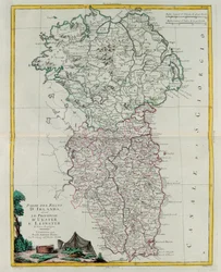 Osa Irlannin kuningaskuntaa, toisin sanoen Ulsterin ja Leinsterin provinssit, G. Zulianin kaiverrus Tome I:stä Venetsiassa vuonna 1778 julkaistusta Antonio Zattan "Uusimasta atlasesta", yksityiskokoelma