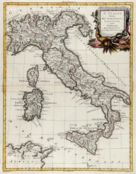 Italian poliittinen kartta, G. Zulianin kaiverrus otettu Antonio Zattan Venetsiassa vuonna 1782 julkaiseman "Uusimman atlasin" Tome II:sta, yksityinen kokoelma