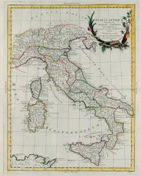 Italian poliittinen kartta, kaiverrettu G. Zuliani, otettu "Novissimo Atlas" -julkaisun IV osasta, jonka Venetsiassa julkaisi vuonna 1785 Antonio Zatta, yksityinen kokoelma