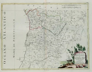 Portugali eli Entre Douron, Minhon, Traz-os-Montesin ja Beirin provinssit, G. Zulianin kaiverrus otettu Venetsiassa vuonna 1776 julkaistun uusimman atlasin Tome I:stä, jonka on kirjoittanut Antonio Zatta, Private Coll.