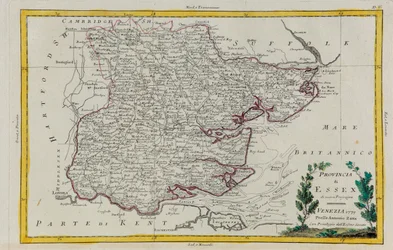 Essexin maakunta, G. Zulianin kaiverrus otettu Tome I:stä Venetsiassa vuonna 1779 julkaistusta Antonio Zattan "uusimmista atlasista", yksityiskokoelma