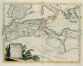 Barbary Coast eli Marokon, Fezin, Algerian, Tunisian ja Tripolin kuningaskunnat naapurimaiden kanssa, G. Zulianin kaiverrus Tome IV:stä Venetsiassa vuonna 1784 julkaistusta Antonio Zattan "Uusimasta atlasesta", yksityiskokoelma