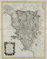 Toscanan suurherttuakunta jaettu provinsseihinsa, G. Zulianin kaiverrus Tome II:sta Venetsiassa vuonna 1783 julkaistusta Antonio Zattan "uusimmasta atlasuksesta", yksityiskokoelma