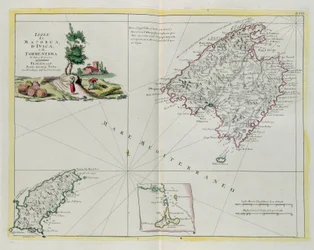Mallorcan, Ivican ja Formenteran saaret, G. Zulianin kaiverrus otettu Antonio Zattan Venetsiassa vuonna 1778 julkaiseman "Uusimman atlasin" Tome I:stä, yksityinen kokoelma