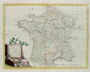 Ranskan kuningaskunta jakautui hallintoihinsa, G. Zulianin kaiverrus otettu Antonio Zattan Venetsiassa vuonna 1776 julkaiseman uusimman atlasin Tome I:stä, yksityinen kokoelma