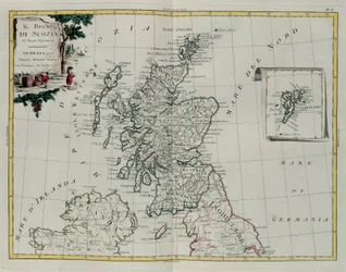 Skotlannin kuningaskunta, G. Zulianin kaiverrus, joka on otettu Venetsiassa vuonna 1776 julkaistun uusimman atlasin Tome I:stä, Antonio Zatta, yksityinen kokoelma