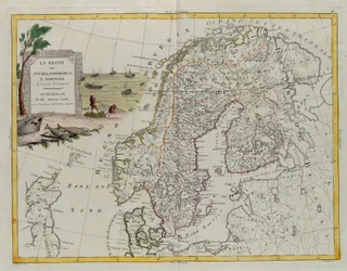 Ruotsin, Tanskan ja Norjan kuningaskunnat, G. Zulianin kaiverrus otettu Antonio Zattan Venetsiassa vuonna 1781 julkaiseman "Uusimman atlasin" Tome III:sta, yksityiskokoelma
