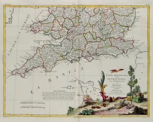 Englannin eteläosa ja Walesin prinsipiaat, G. Zulianin kaiverrus otettu Antonio Zattan Venetsiassa vuonna 1778 julkaiseman uusimman atlasin Tome I:stä, yksityinen kokoelma